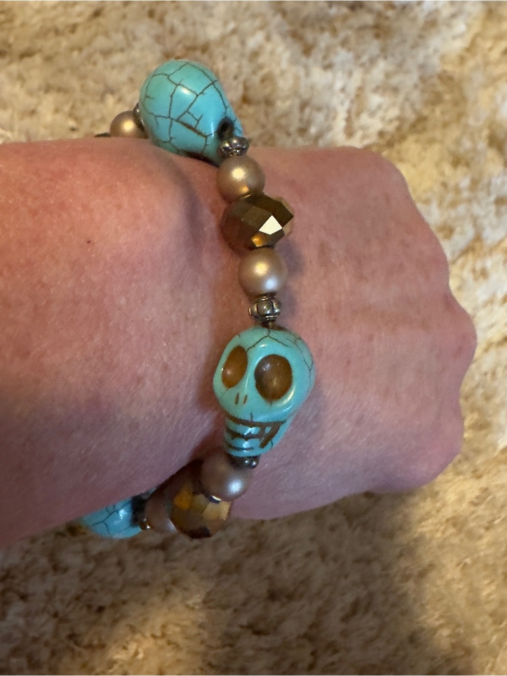 Turquoise Skull Stretch Bracelet - Turquoise & Gold Accent Halloween